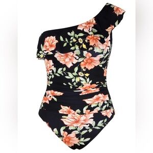 Floral One-Shoulder Swimsuit Hilor Sz 6 Small Black ruffle top ruched one pc